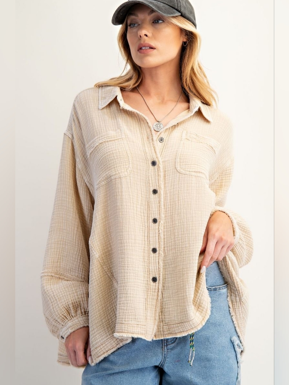 148 | Taupe Cotton Gauze Button Down Loose Tunic Shirt Plus